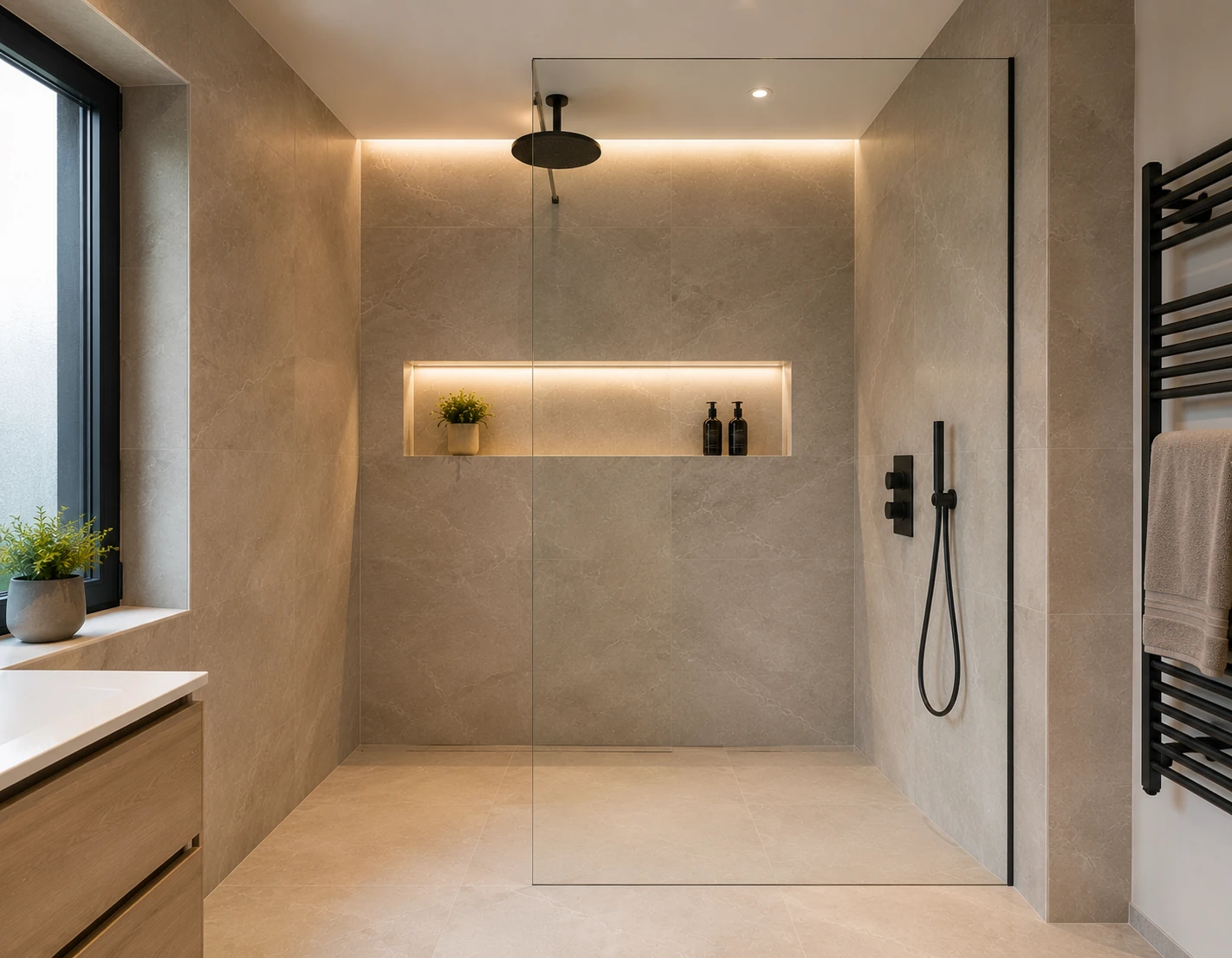 Douche à l'italienne installée par Chauffage Vermeiren